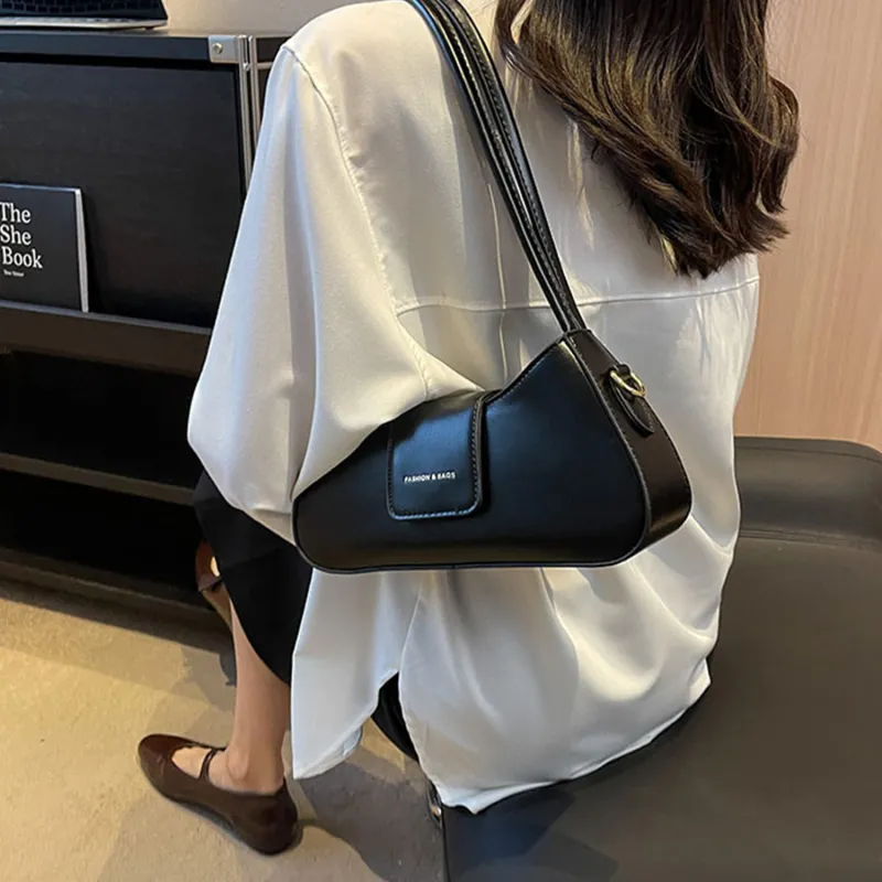 UNITE STAR PU Synthetic Leather Baguette Bag, Portable Crossbody Bag, Shoulder Bag Medium Size Women's Black-4