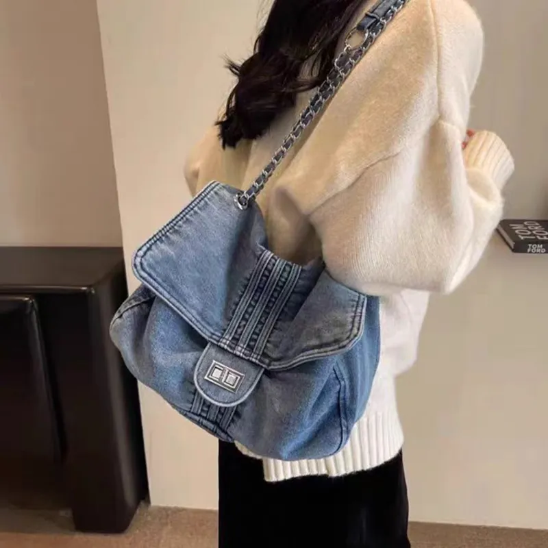 UNITE STAR Denim Tote Crossbody Bag Shoulder Bag Medium Size Women's Black Denim/Denim Blue/Dark Blue-10