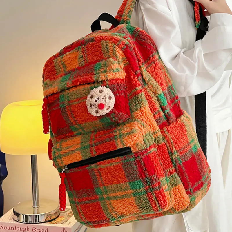 UNITE STAR Sherpa High End Christmas Atmosphere Backpack Unisex Orange Red Plaid Multicolor-32