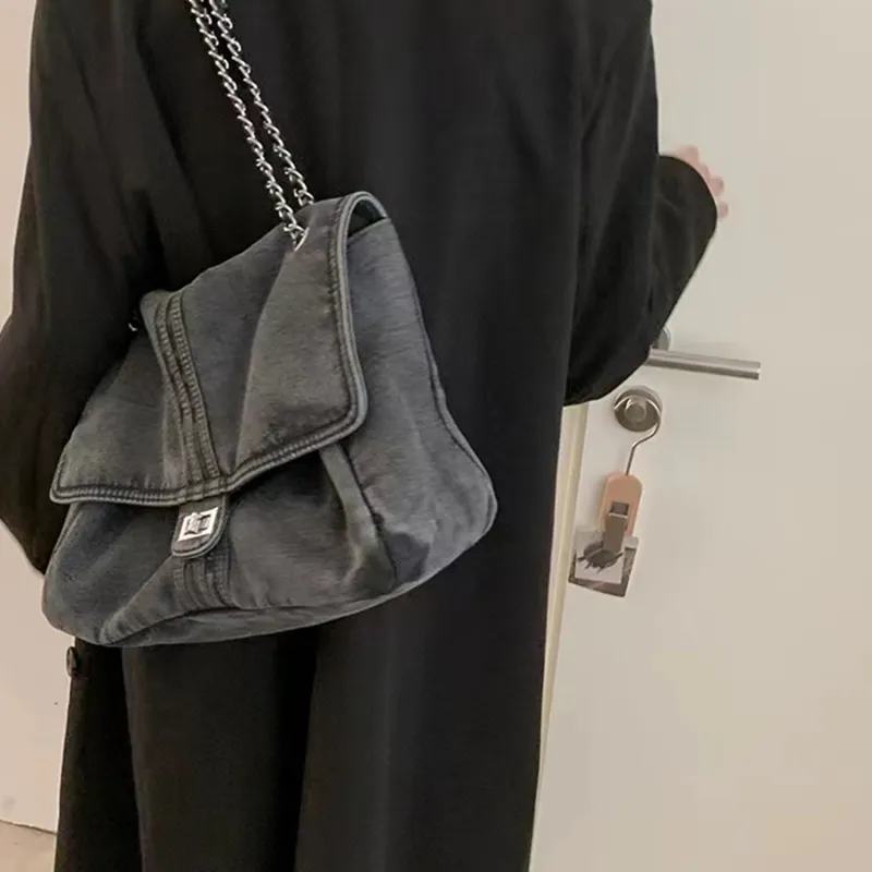 UNITE STAR Denim Tote Crossbody Bag Shoulder Bag Medium Size Women's Black Denim/Denim Blue/Dark Blue-3