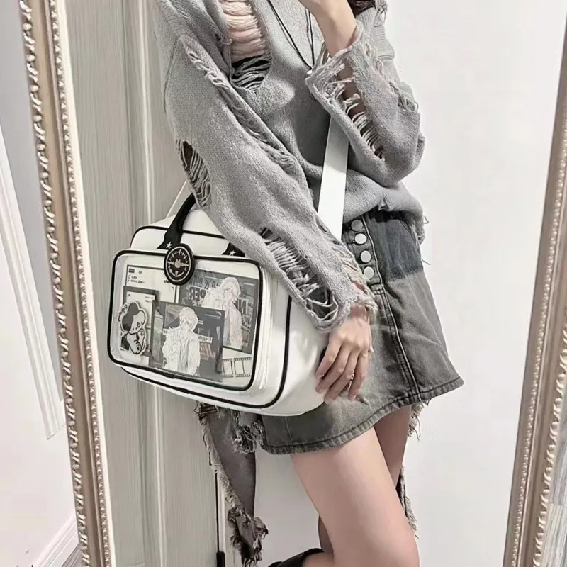 UNITE STAR PU Large Capacity Daily Tote Bag With Badge Beige One Shoulder Handbag Medium Size Women's Black/White-3