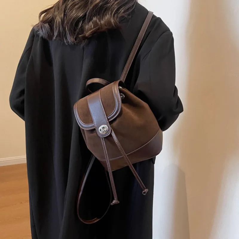 UNITE STAR PU Backpack Medium Size Women's Black/Coffee/Khaki-5