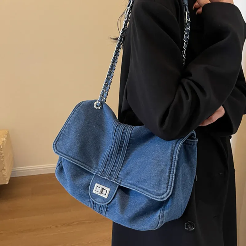 UNITE STAR Denim Tote Crossbody Bag Shoulder Bag Medium Size Women's Black Denim/Denim Blue/Dark Blue-15