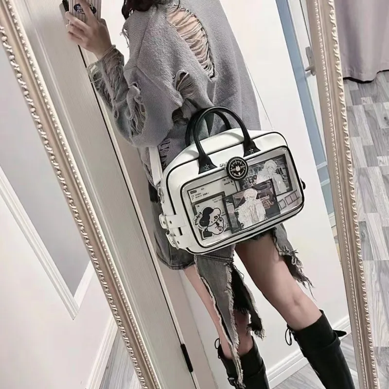 UNITE STAR PU Large Capacity Daily Tote Bag With Badge Beige One Shoulder Handbag Medium Size Women's Black/White-4