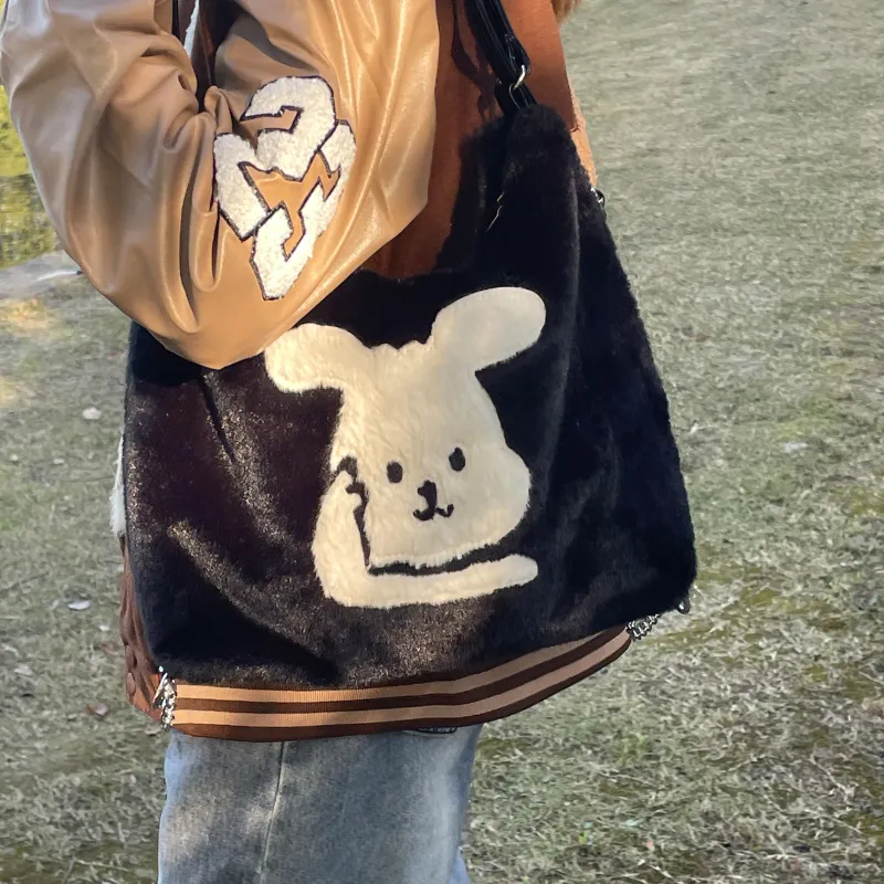 UNITE STAR Plush Tote Bag Shopping Bag Shoulder Bags Women's Black/White/Khaki-17