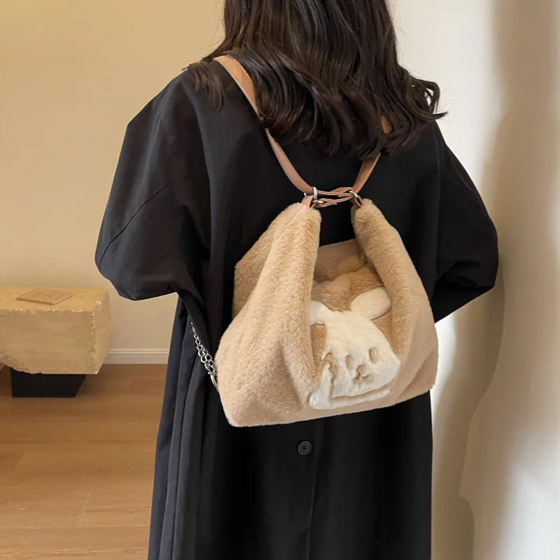 UNITE STAR Plush Tote Bag Shopping Bag Shoulder Bags Women's Black/White/Khaki-20