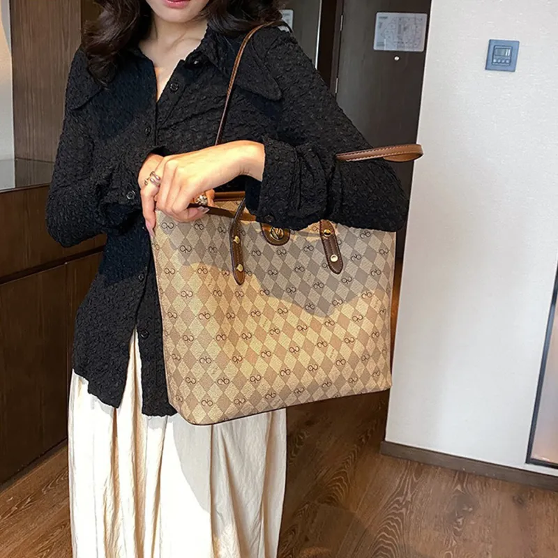 UNITE STAR PU Combo Bag Tote Bag Shopping Bag Handbag Shoulder Bag Medium Size Women's Brown/Khaki-2