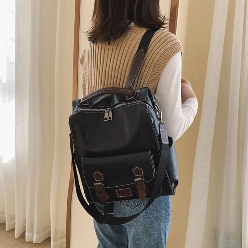 UNITE STAR PU Versatile Commute Travel Large Capacity Backpack Women's Brown/Black/Yellow Brown-5