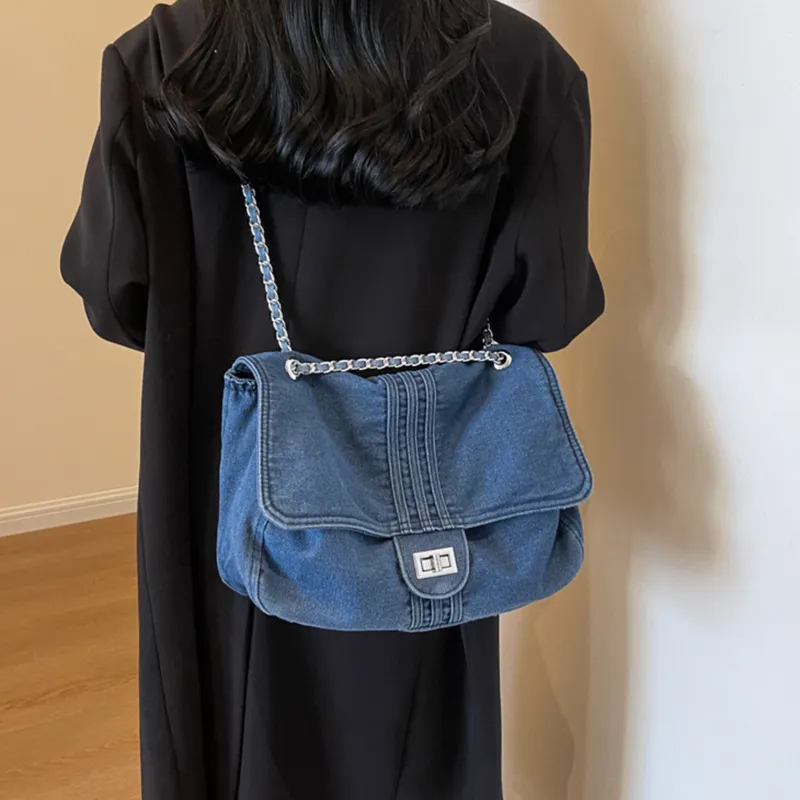 UNITE STAR Denim Tote Crossbody Bag Shoulder Bag Medium Size Women's Black Denim/Denim Blue/Dark Blue-14