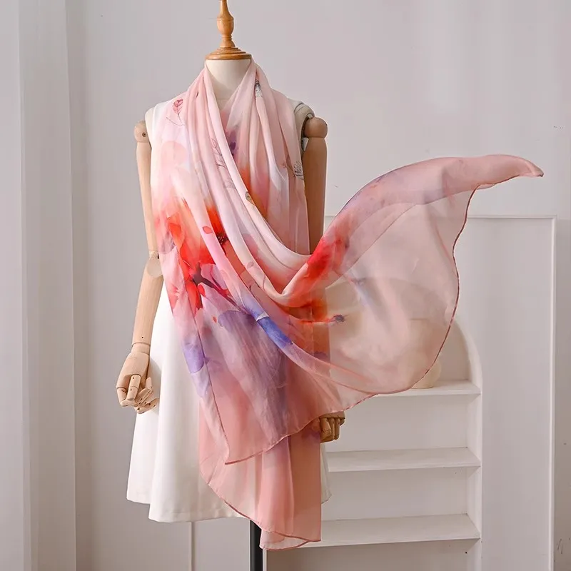 Hang Silk Road Mulberry Silk Silk Scarves Women's Pink-1