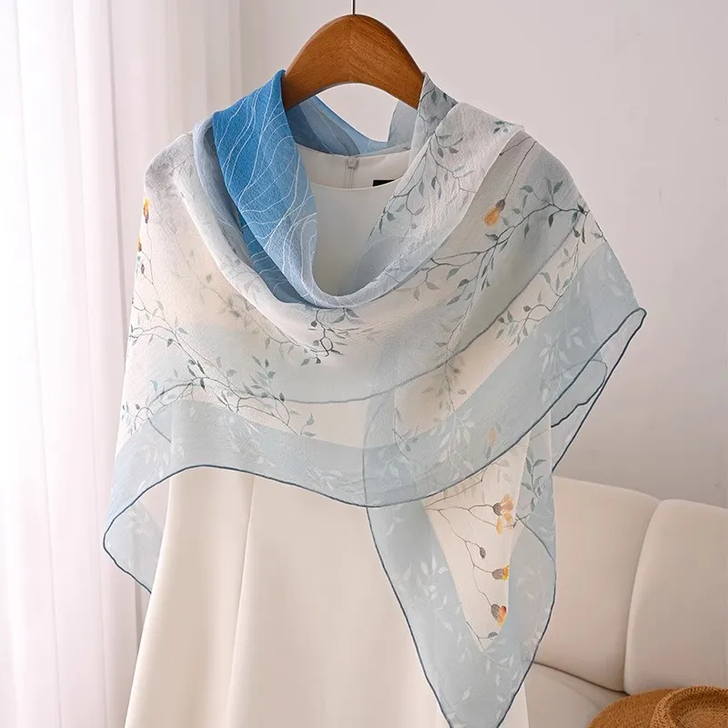 Hang Silk Road Mulberry Silk Silk Scarves Women's Blue-3