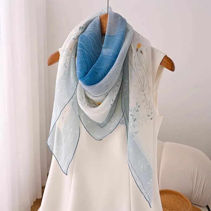 Hang Silk Road Mulberry Silk Silk Scarves Women's Blue-2