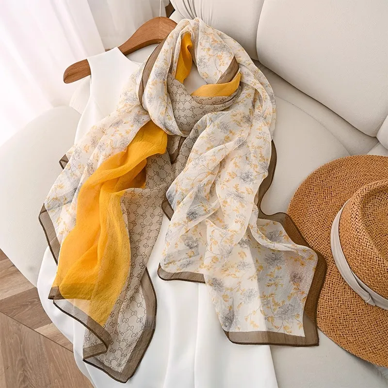 Hang Silk Road Mulberry Silk Silk Scarves Women's Yellow-1