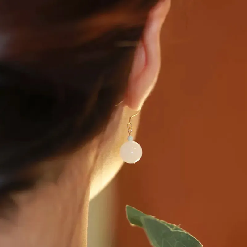 Fuxin Hetian Jade Earrings Women's Pale Greenish White Jade-2