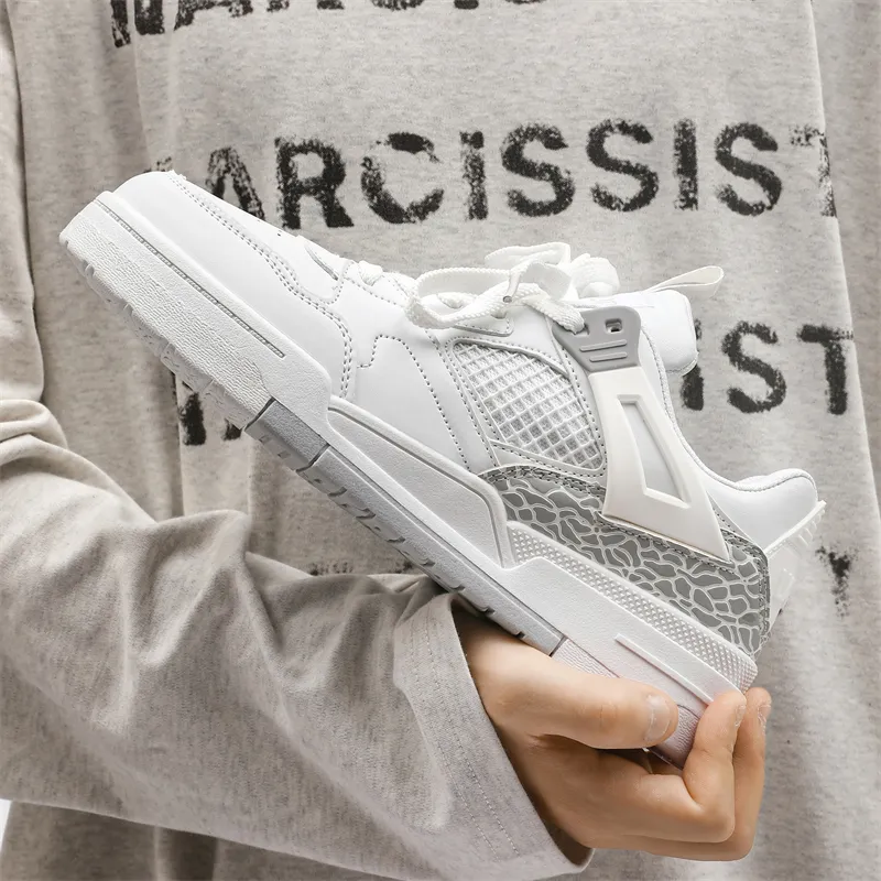 AMICNIEGD Abrasion-Resistant Slip-Resistant Low-Top Skateboard Shoes Unisex White Gray-3