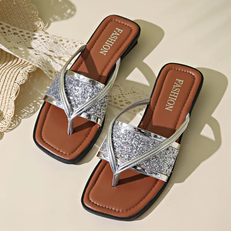 AMICNIEGD Odor Resistant Abrasion Resistant Slip Resistant Flip Flops Women's Silver-1
