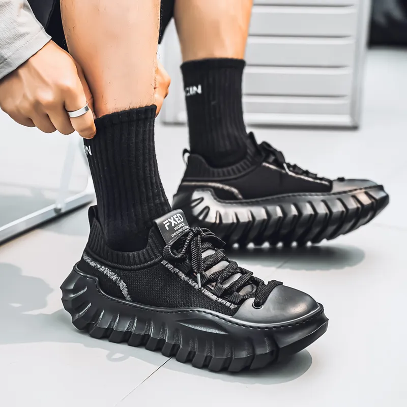 AMICNIEGD Breathable And Slip Resistant Low Top Chunky Sneakers Men's Black-6