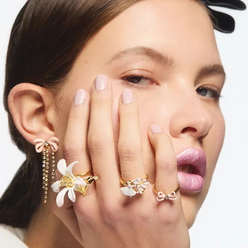 LES NEREIDES Gold Plated, Brass, Enamel, Glass, Rhinestone Clip On Earrings Women's Pink-3