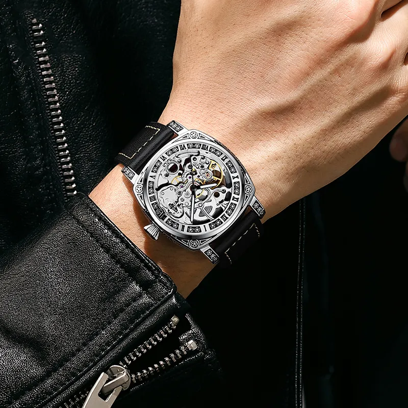 POLOMEISDO Wrist Watch Automatic Mechanical Movement Genuine Leather Strap 42mm White Dial Men's Watches-4