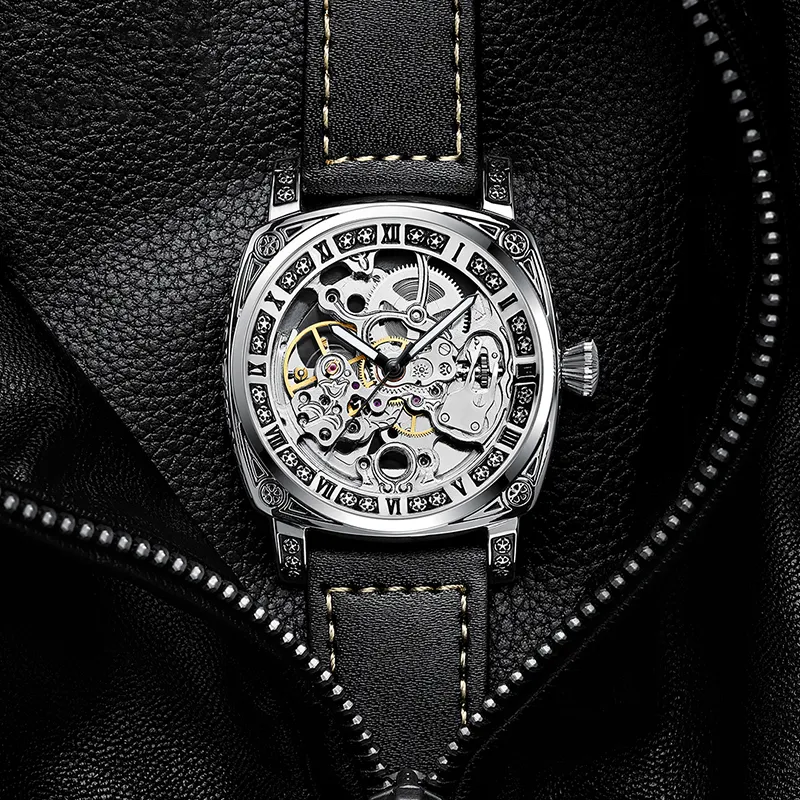 POLOMEISDO Wrist Watch Automatic Mechanical Movement Genuine Leather Strap 42mm White Dial Men's Watches-3