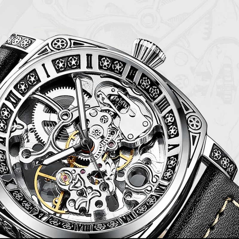 POLOMEISDO Wrist Watch Automatic Mechanical Movement Genuine Leather Strap 42mm White Dial Men's Watches-1
