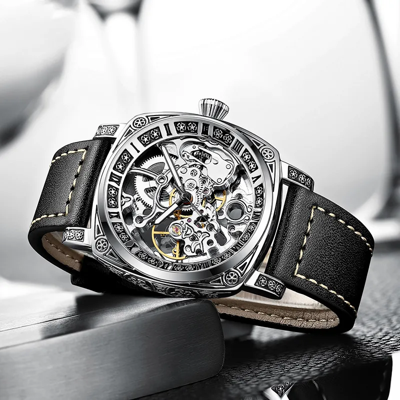 POLOMEISDO Wrist Watch Automatic Mechanical Movement Genuine Leather Strap 42mm White Dial Men's Watches-2