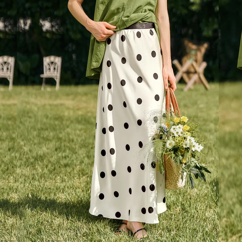 Olrain Casual Long Skirt Women's Black White Polka Dot-4
