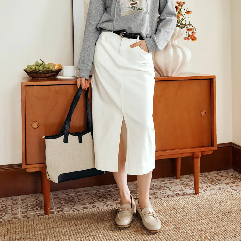 Olrain Denim Long Skirts Women's Beige Apricot-6