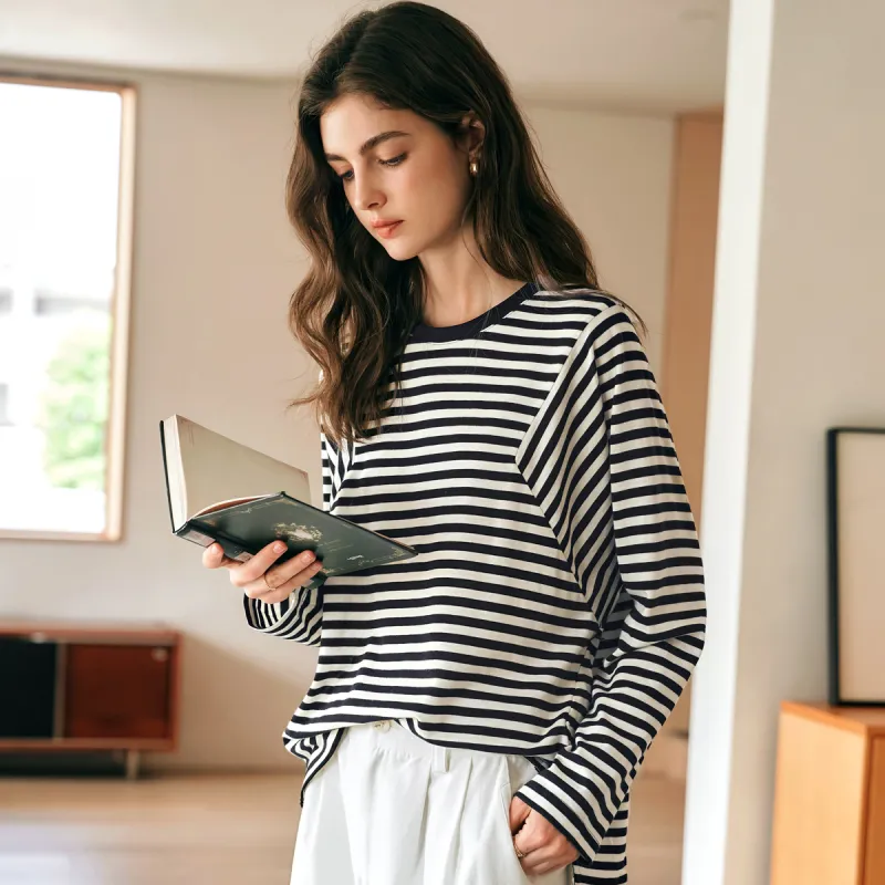 Olrain T Shirt Women's Black White Stripes-5