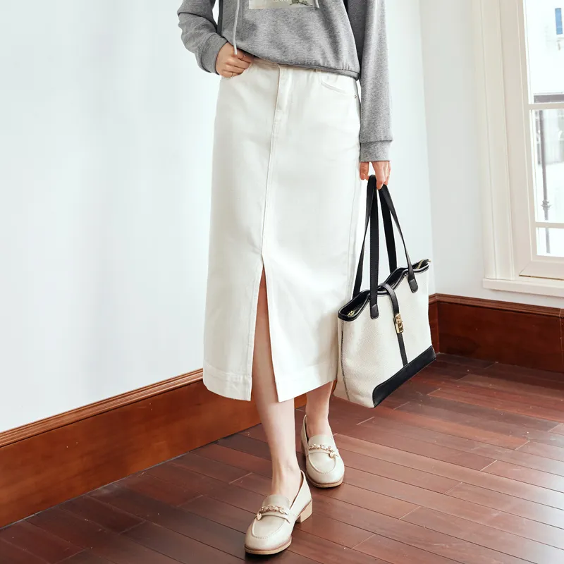 Olrain Denim Long Skirts Women's Beige Apricot-4