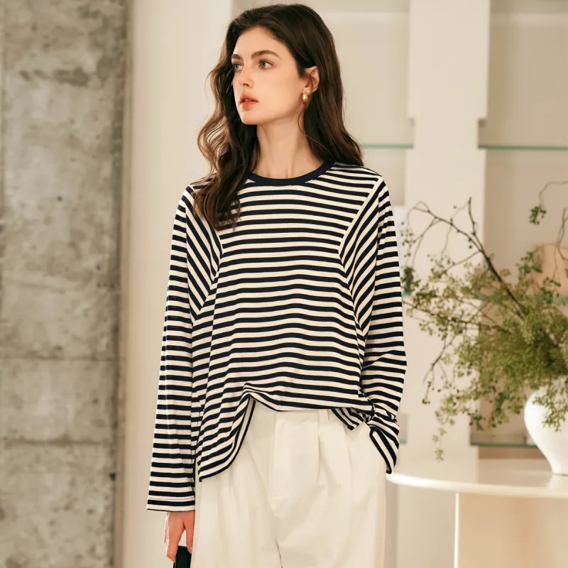 Olrain T Shirt Women's Black White Stripes-4