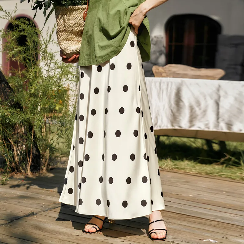 Olrain Casual Long Skirt Women's Black White Polka Dot-1