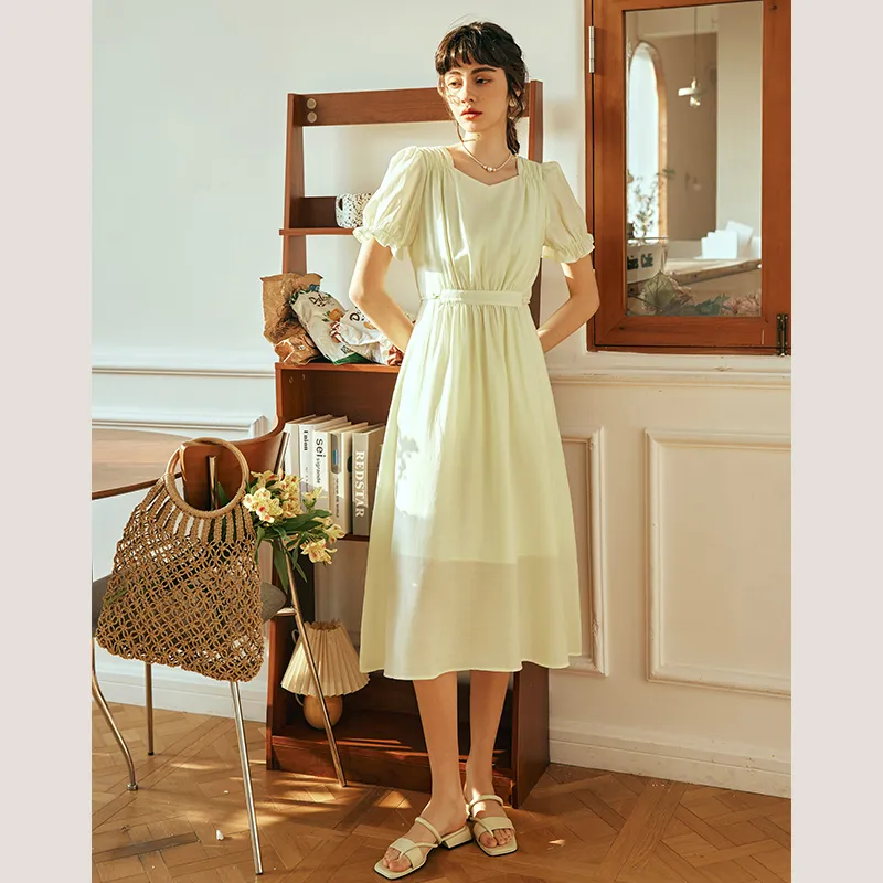 Olrain Short Sleeved Dresses Women's Light Yellow-1