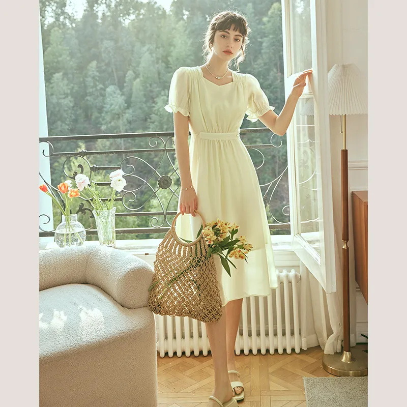 Olrain Short Sleeved Dresses Women's Light Yellow-4