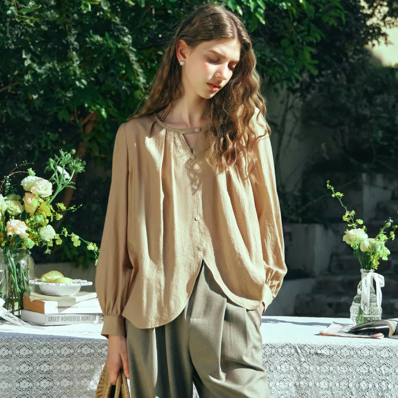 Olrain SS24 Chiffon Shirts Women's Milk Tea Beige-4