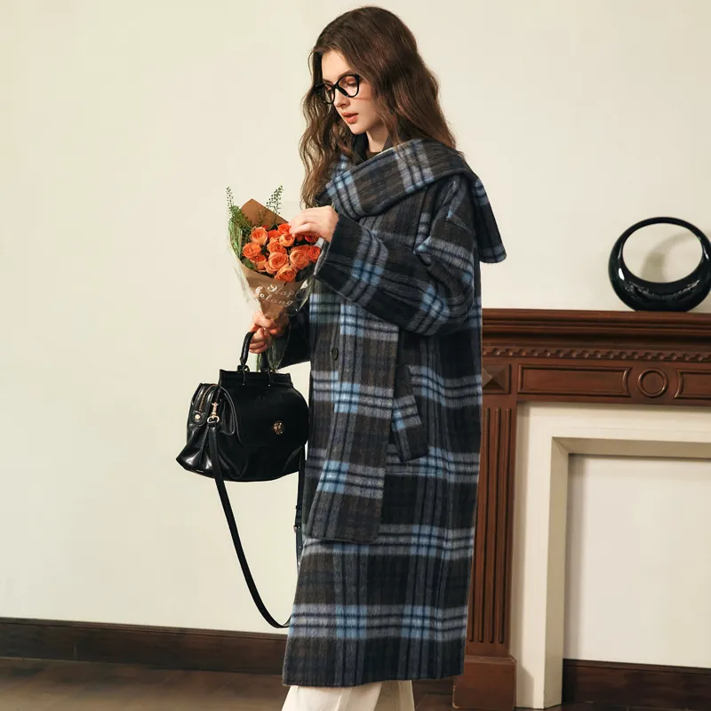 Olrain Coats Women's Blue Plaid-5