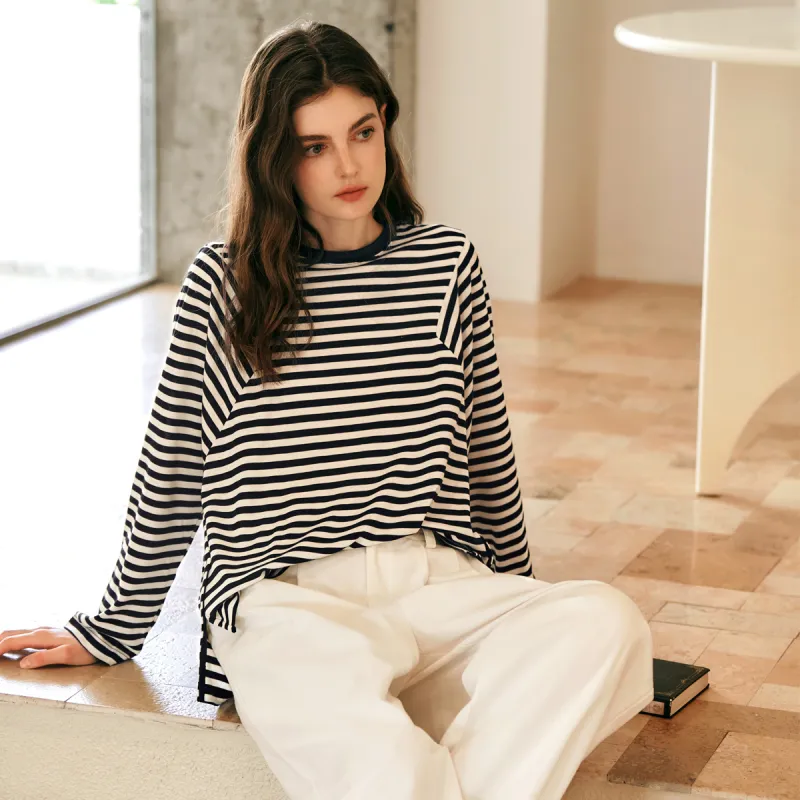 Olrain T Shirt Women's Black White Stripes-3