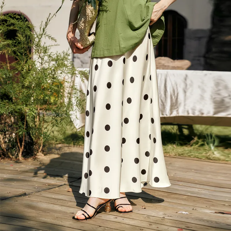 Olrain Casual Long Skirt Women's Black White Polka Dot-2