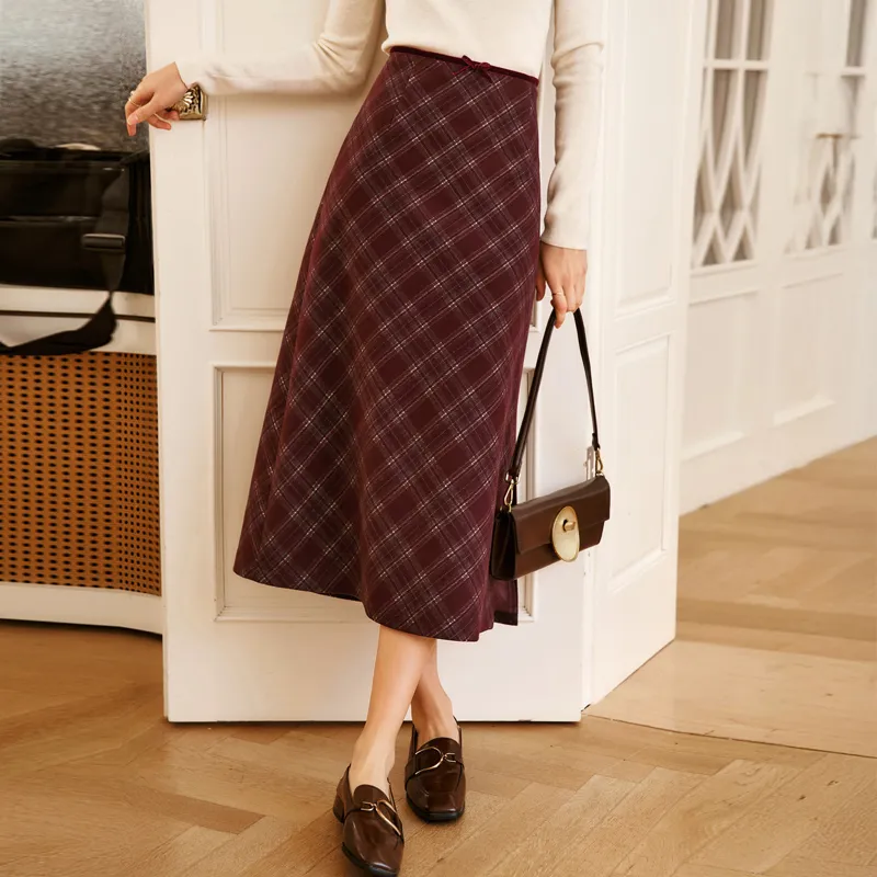 Olrain Casual Long Skirts Women's Red Plaid-2