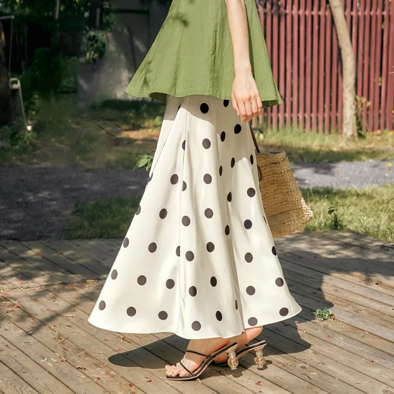 Olrain Casual Long Skirt Women's Black White Polka Dot-3