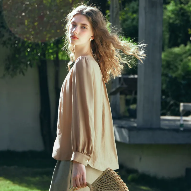 Olrain SS24 Chiffon Shirts Women's Milk Tea Beige-3