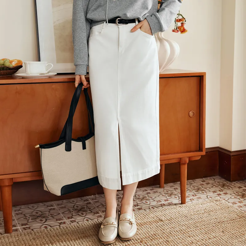 Olrain Denim Long Skirts Women's Beige Apricot-3