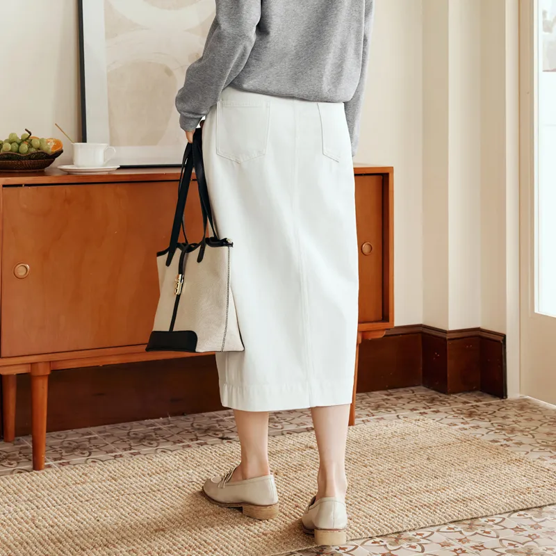 Olrain Denim Long Skirts Women's Beige Apricot-5