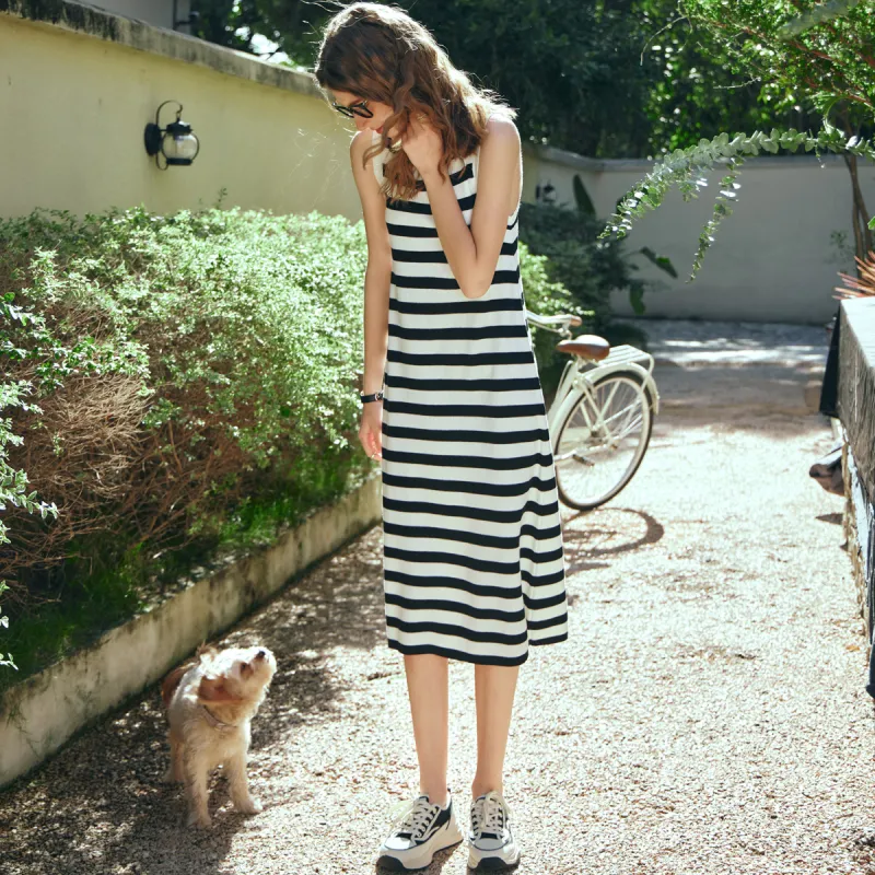 Olrain Sleeveless Dress Women's Black White Stripes-2