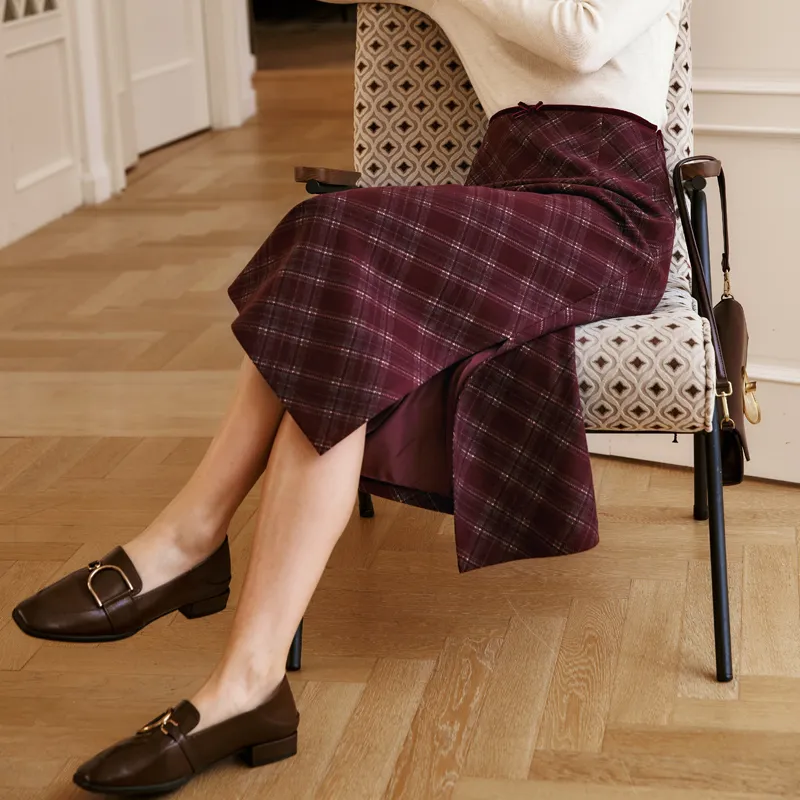 Olrain Casual Long Skirts Women's Red Plaid-6