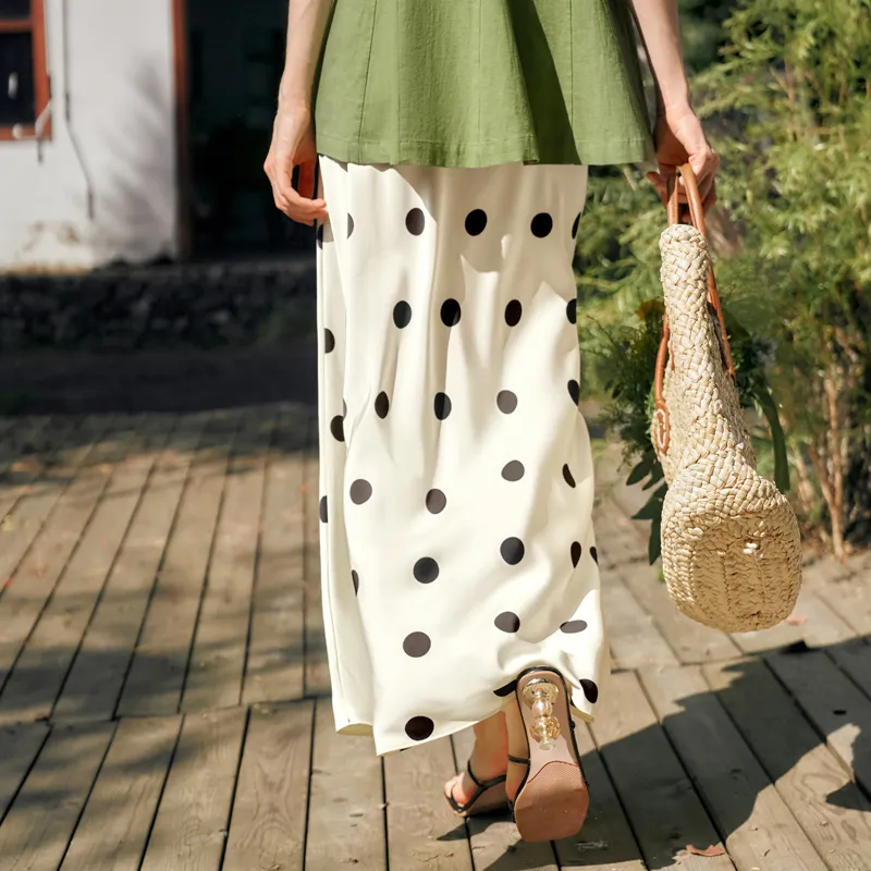 Olrain Casual Long Skirt Women's Black White Polka Dot-5