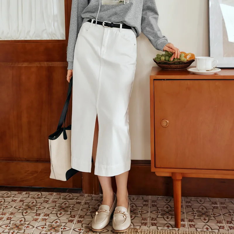 Olrain Denim Long Skirts Women's Beige Apricot-2