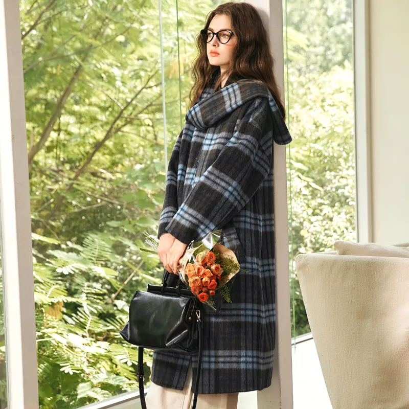 Olrain Coats Women's Blue Plaid-3