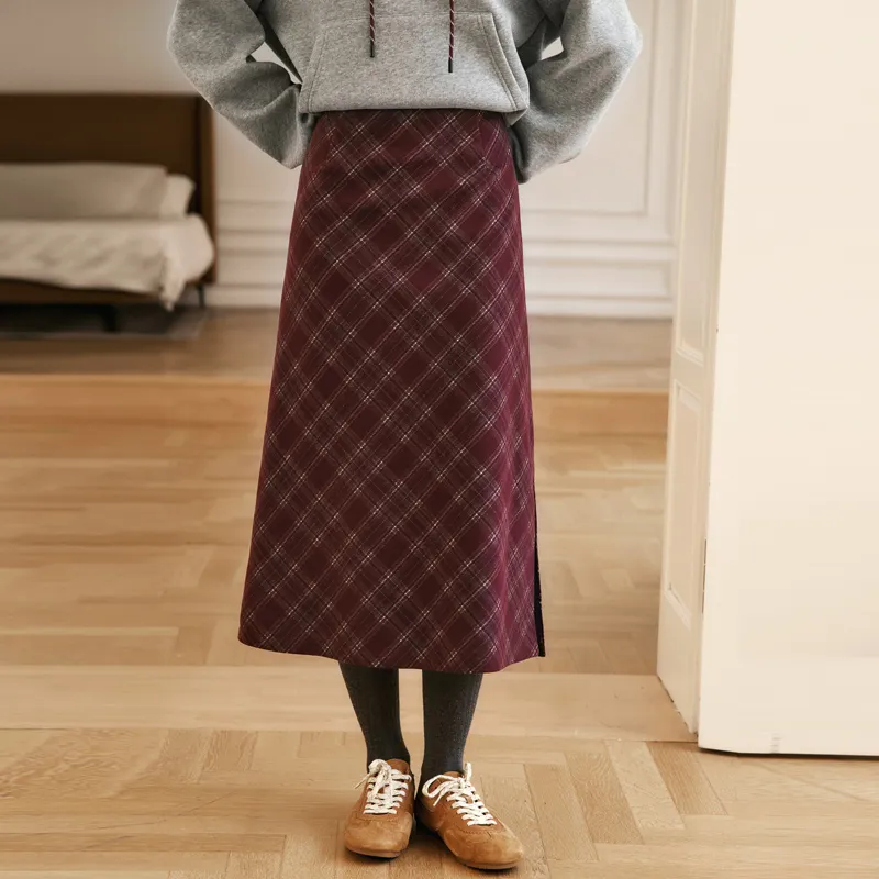 Olrain Casual Long Skirts Women's Red Plaid-4