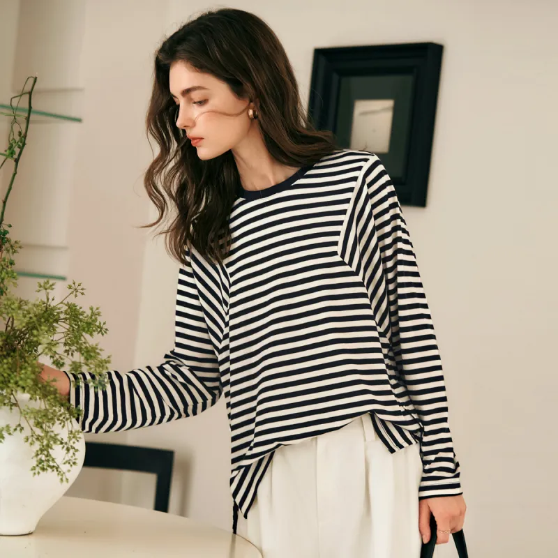 Olrain T Shirt Women's Black White Stripes-2
